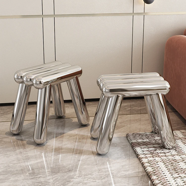 Modern Art Deco Trapezoid Full Stainless Steel Low Stool Backless Armless For Living Room