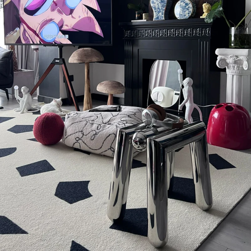 Modern Art Deco Trapezoid Full Stainless Steel Low Stool Backless Armless For Living Room
