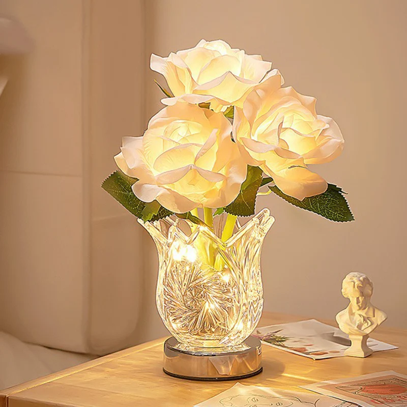 Modern Art Deco Artificial Rose Flower Glass Bottle Base LED Table Lamp For Bedroom