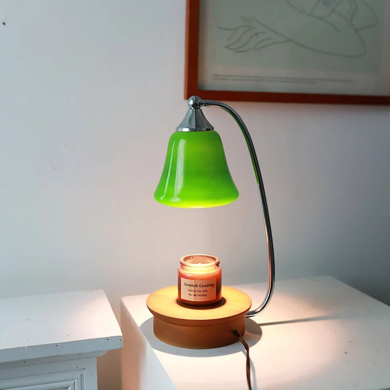 Modern Art Deco Horn Shape Oak Solid Wood Base Iron Frame Glass Shade 1-Light Aromatherapy Melted Wax Table Lamp For Bedroom