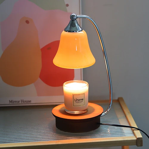Modern Art Deco Horn Shape Oak Solid Wood Base Iron Frame Glass Shade 1-Light Aromatherapy Melted Wax Table Lamp For Bedroom