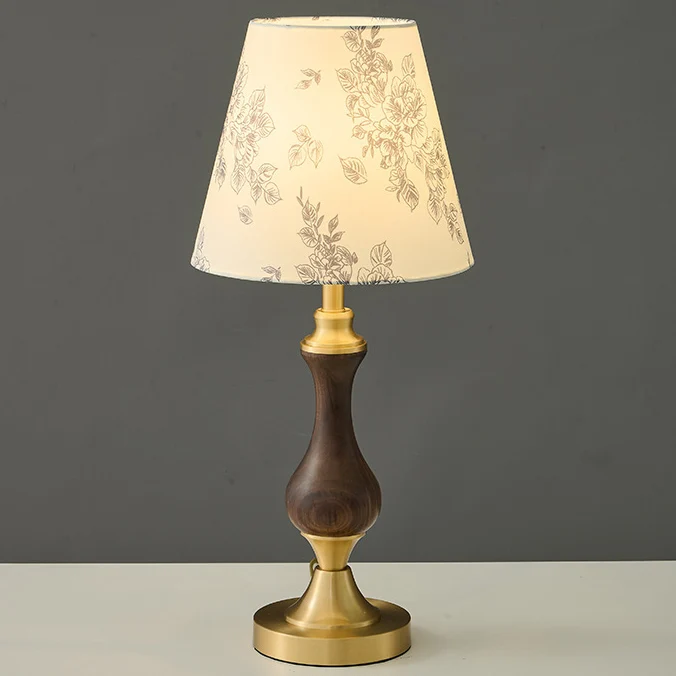Modern Mid-Century Frustum Cone Copper Black Walnut Wood Fabric 1-Light Table Lamp For Bedroom