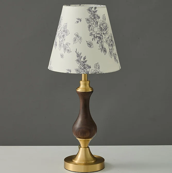 Modern Mid-Century Frustum Cone Copper Black Walnut Wood Fabric 1-Light Table Lamp For Bedroom