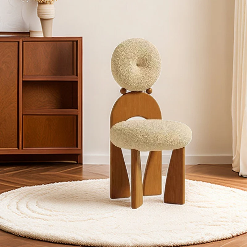 Traditional Vintage Round Curved Sherpa Fabric Solid Wood Vanity Stool Backrest Armless For Bedroom