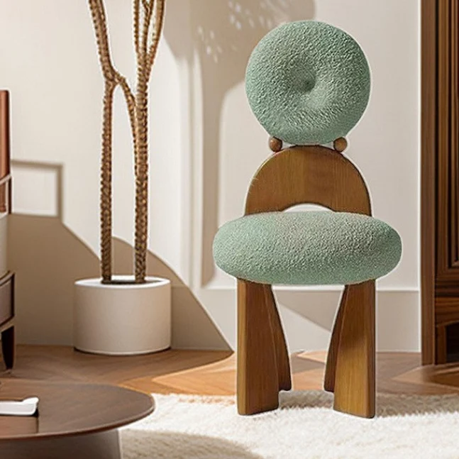 Traditional Vintage Round Curved Sherpa Fabric Solid Wood Vanity Stool Backrest Armless For Bedroom