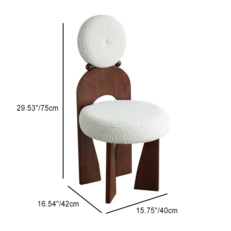 Traditional Vintage Round Curved Sherpa Fabric Solid Wood Vanity Stool Backrest Armless For Bedroom