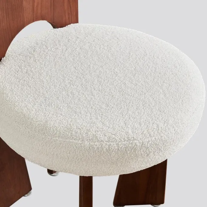Traditional Vintage Round Curved Sherpa Fabric Solid Wood Vanity Stool Backrest Armless For Bedroom