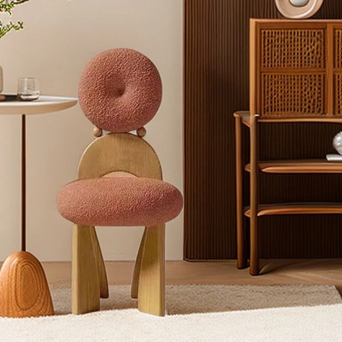 Traditional Vintage Round Curved Sherpa Fabric Solid Wood Vanity Stool Backrest Armless For Bedroom