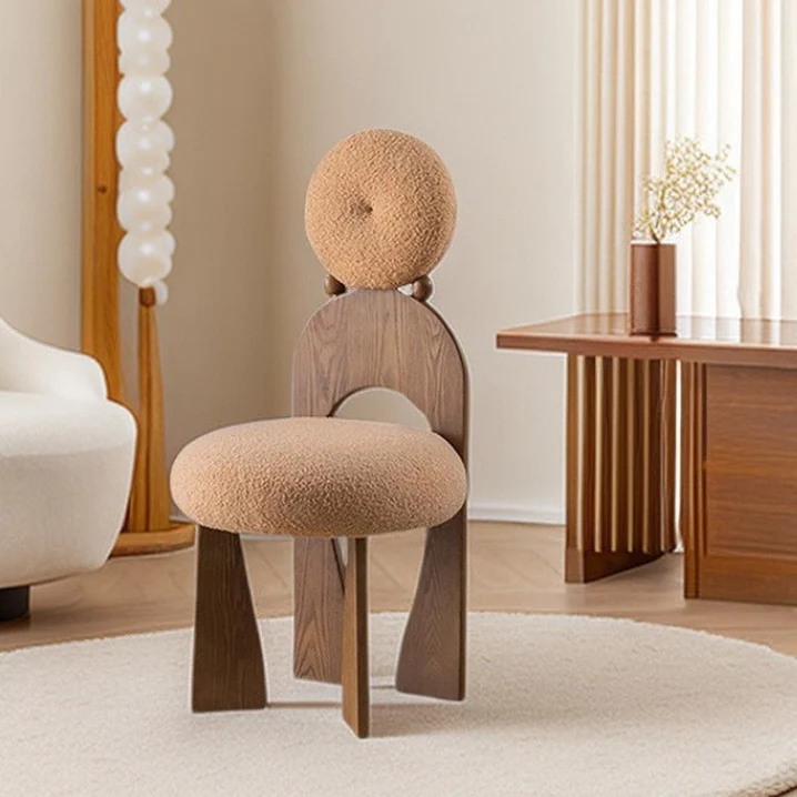 Traditional Vintage Round Curved Sherpa Fabric Solid Wood Vanity Stool Backrest Armless For Bedroom