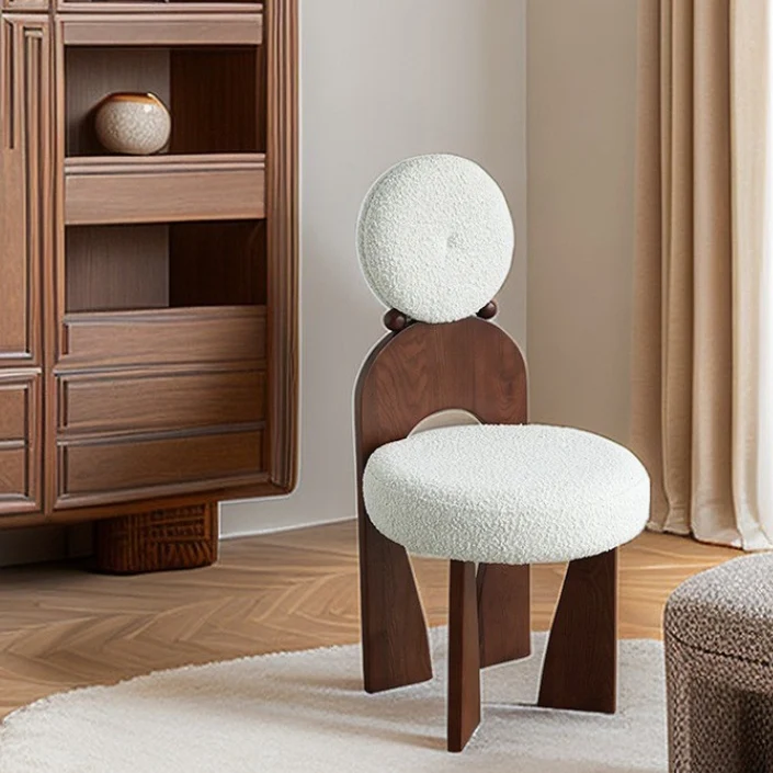 Traditional Vintage Round Curved Sherpa Fabric Solid Wood Vanity Stool Backrest Armless For Bedroom