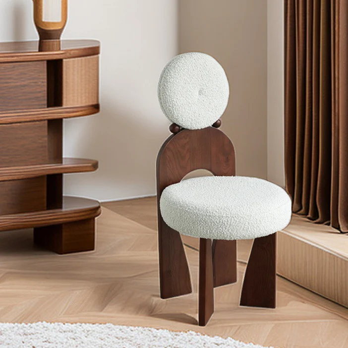 Traditional Vintage Round Curved Sherpa Fabric Solid Wood Vanity Stool Backrest Armless For Bedroom