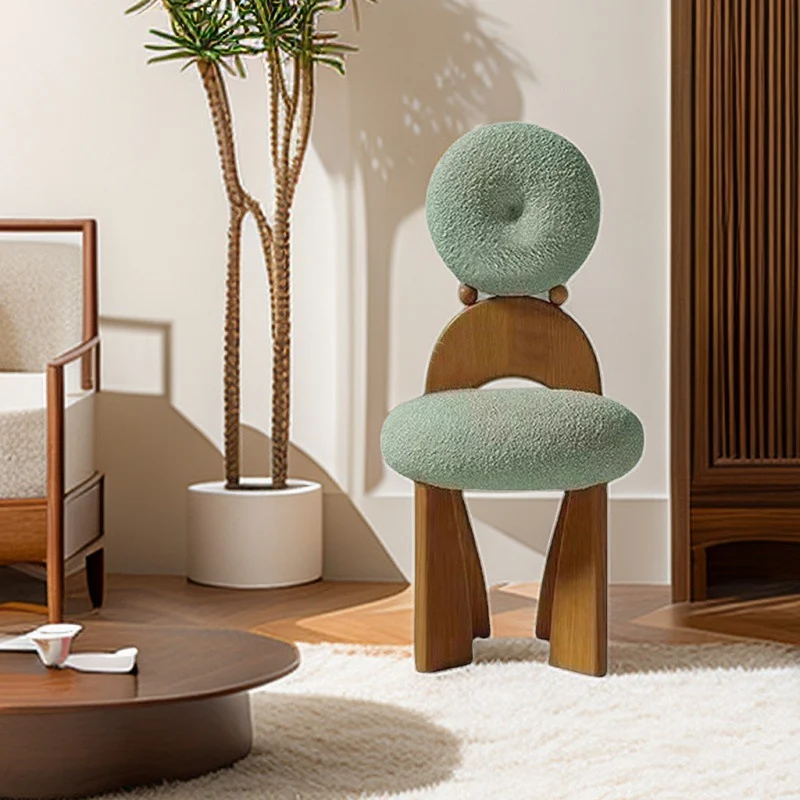 Traditional Vintage Round Curved Sherpa Fabric Solid Wood Vanity Stool Backrest Armless For Bedroom