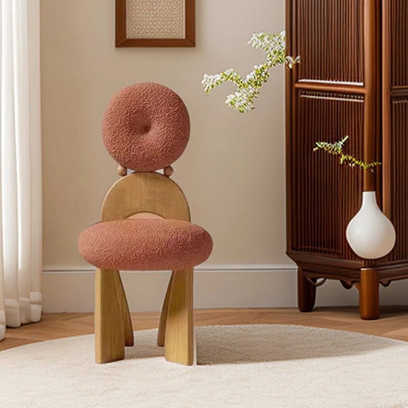 Traditional Vintage Round Curved Sherpa Fabric Solid Wood Vanity Stool Backrest Armless For Bedroom