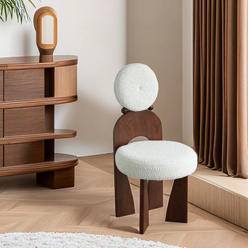 Traditional Vintage Round Curved Sherpa Fabric Solid Wood Vanity Stool Backrest Armless For Bedroom