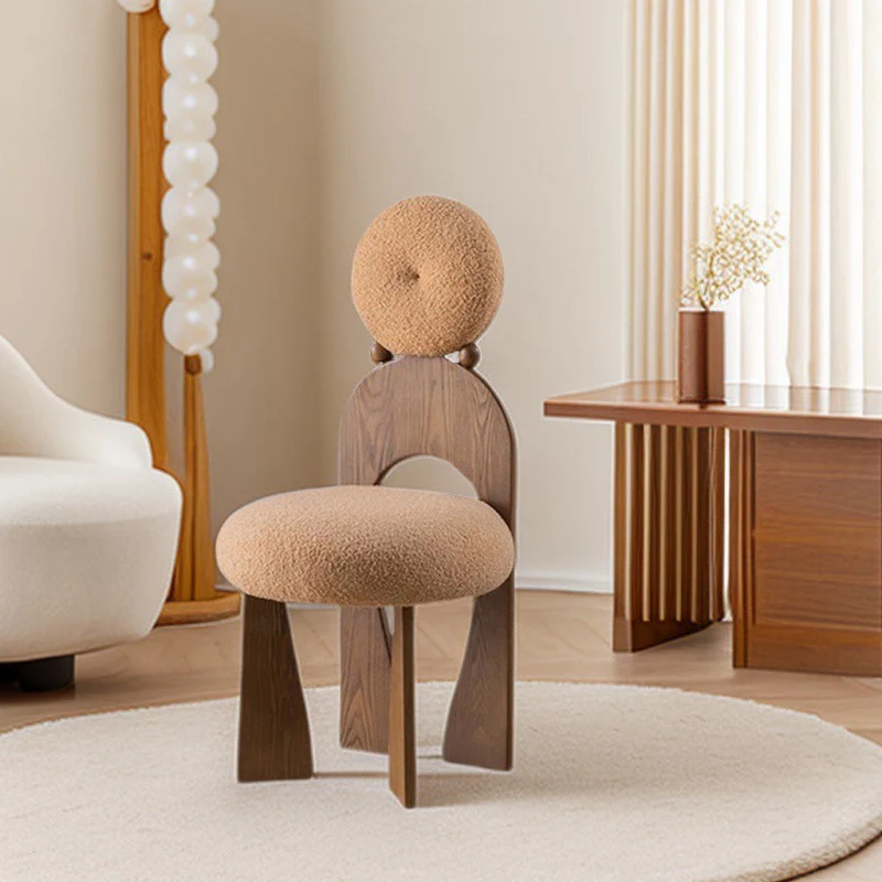 Traditional Vintage Round Curved Sherpa Fabric Solid Wood Vanity Stool Backrest Armless For Bedroom