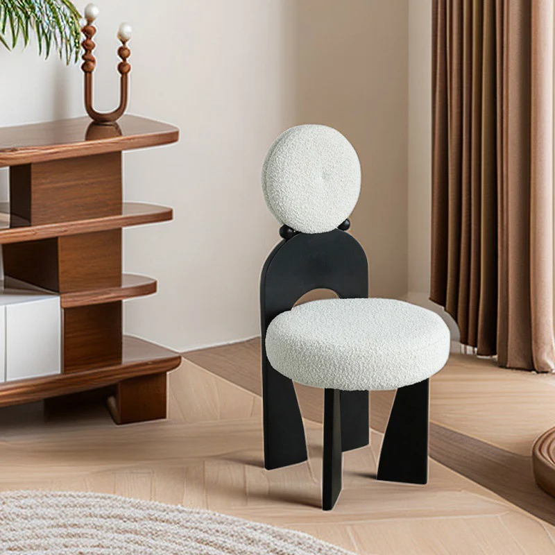 Traditional Vintage Round Curved Sherpa Fabric Solid Wood Vanity Stool Backrest Armless For Bedroom