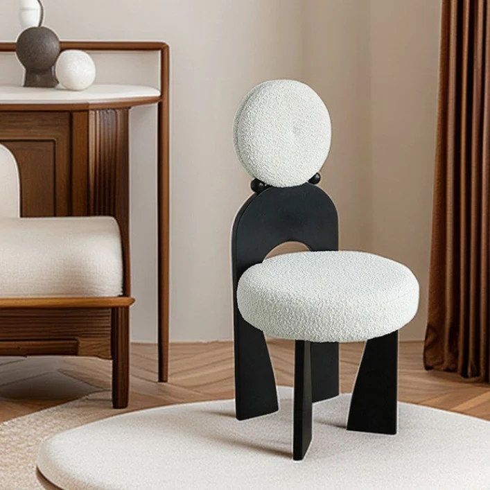Traditional Vintage Round Curved Sherpa Fabric Solid Wood Vanity Stool Backrest Armless For Bedroom