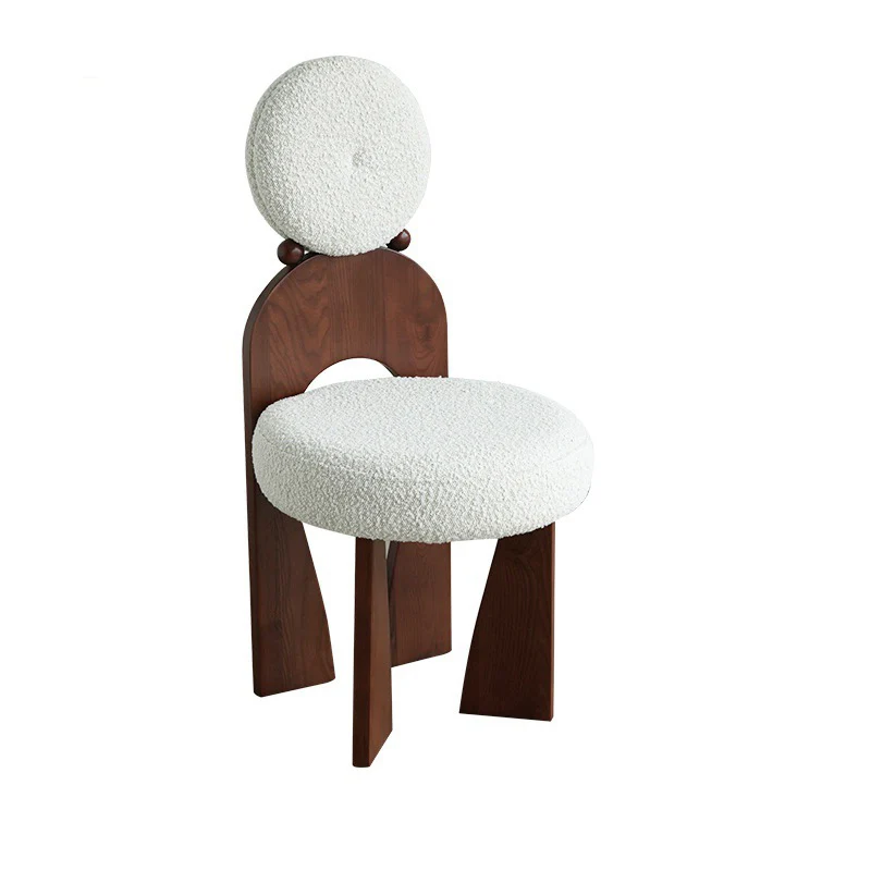 Traditional Vintage Round Curved Sherpa Fabric Solid Wood Vanity Stool Backrest Armless For Bedroom