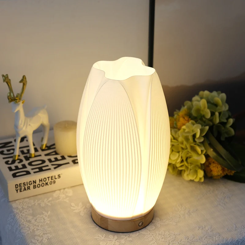 Contemporary Creative USB 3D Curved Wave Tulip Hedgehog Wood Base PLA LED Table Lamp Night Light For Bedroom