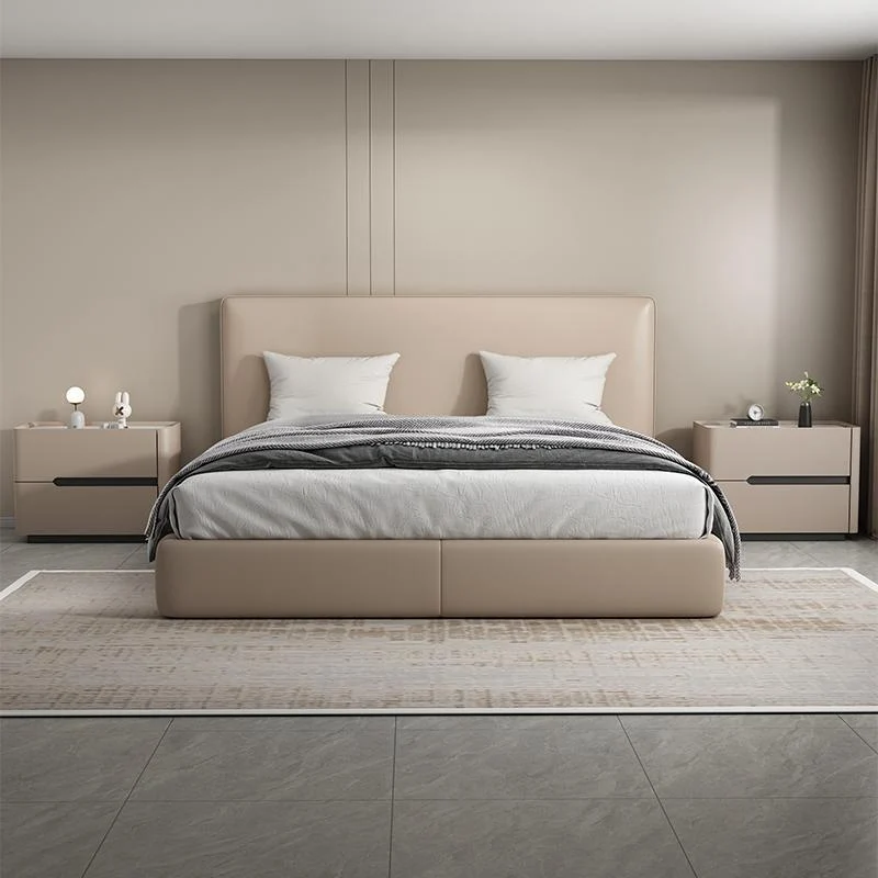 Modern Minimalist Cream Rectangle Square Rubberwood Rock Slab Faux Leather Nightstand 2-Drawer For Bedroom