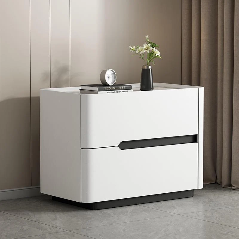 Modern Minimalist Cream Rectangle Square Rubberwood Rock Slab Faux Leather Nightstand 2-Drawer For Bedroom
