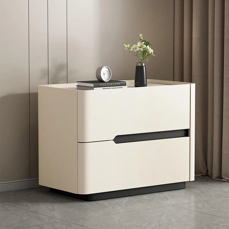 Modern Minimalist Cream Rectangle Square Rubberwood Rock Slab Faux Leather Nightstand 2-Drawer For Bedroom