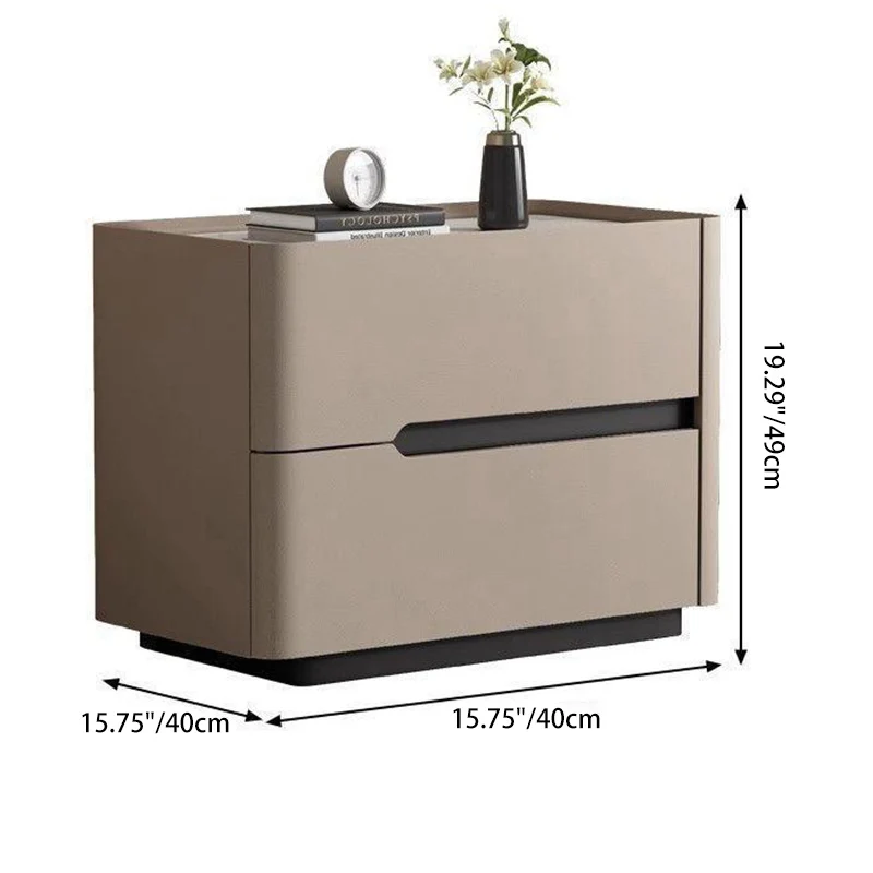 Modern Minimalist Cream Rectangle Square Rubberwood Rock Slab Faux Leather Nightstand 2-Drawer For Bedroom