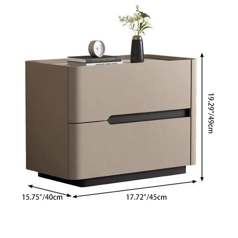 Modern Minimalist Cream Rectangle Square Rubberwood Rock Slab Faux Leather Nightstand 2-Drawer For Bedroom