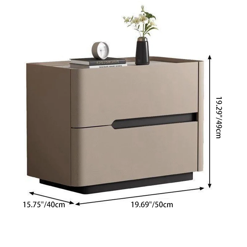 Modern Minimalist Cream Rectangle Square Rubberwood Rock Slab Faux Leather Nightstand 2-Drawer For Bedroom