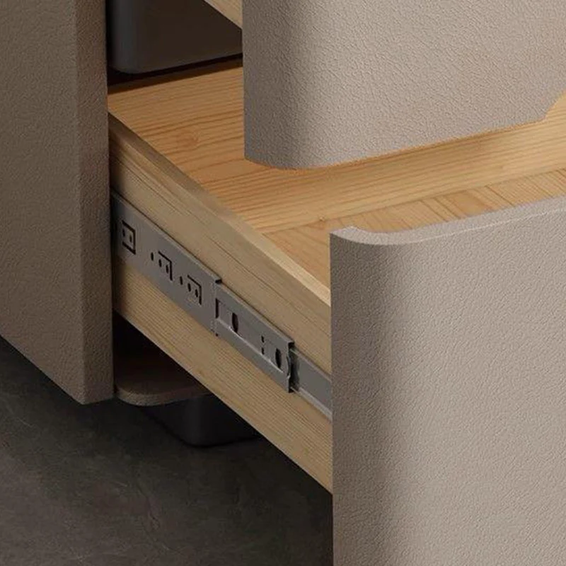 Modern Minimalist Cream Rectangle Square Rubberwood Rock Slab Faux Leather Nightstand 2-Drawer For Bedroom