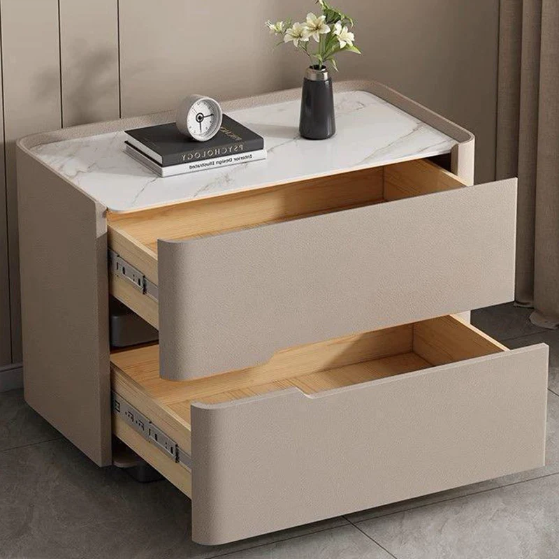 Modern Minimalist Cream Rectangle Square Rubberwood Rock Slab Faux Leather Nightstand 2-Drawer For Bedroom