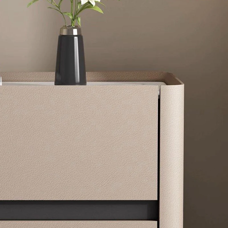 Modern Minimalist Cream Rectangle Square Rubberwood Rock Slab Faux Leather Nightstand 2-Drawer For Bedroom