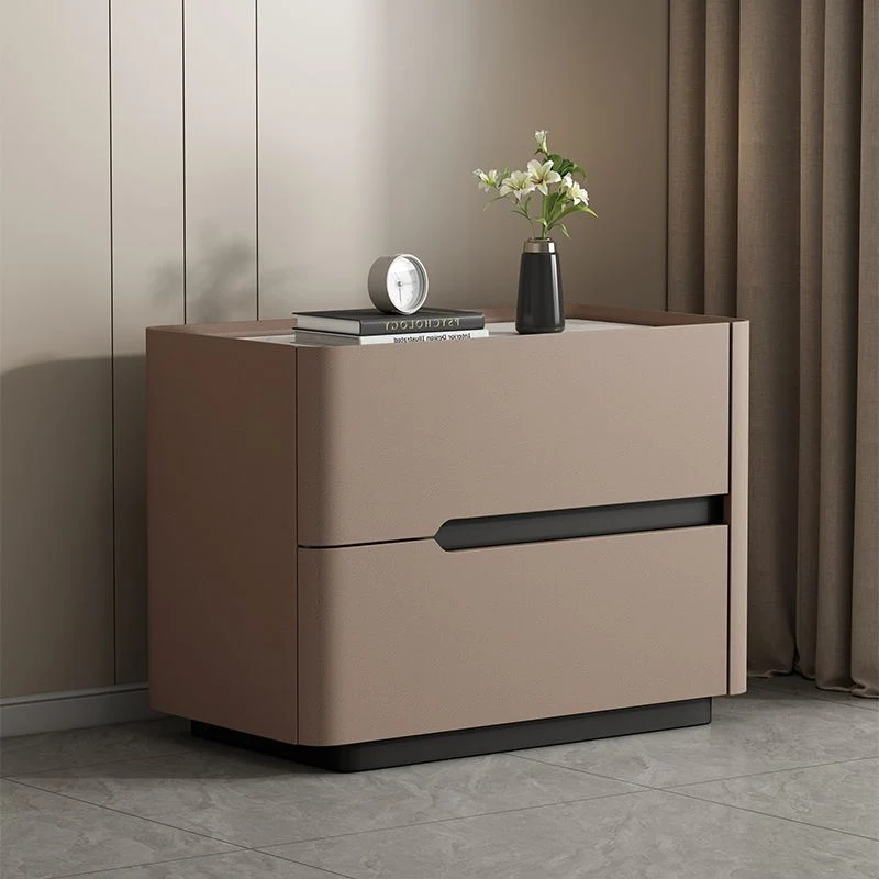 Modern Minimalist Cream Rectangle Square Rubberwood Rock Slab Faux Leather Nightstand 2-Drawer For Bedroom