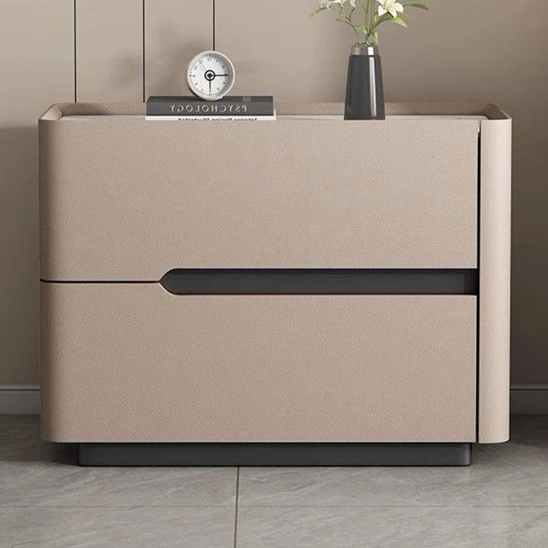 Modern Minimalist Cream Rectangle Square Rubberwood Rock Slab Faux Leather Nightstand 2-Drawer For Bedroom
