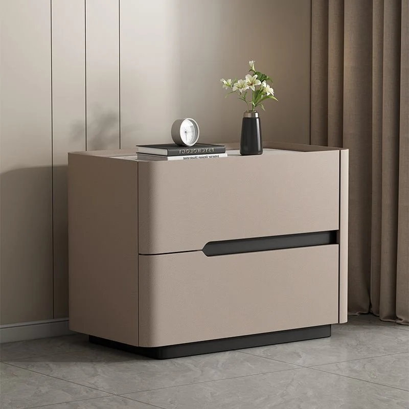 Modern Minimalist Cream Rectangle Square Rubberwood Rock Slab Faux Leather Nightstand 2-Drawer For Bedroom