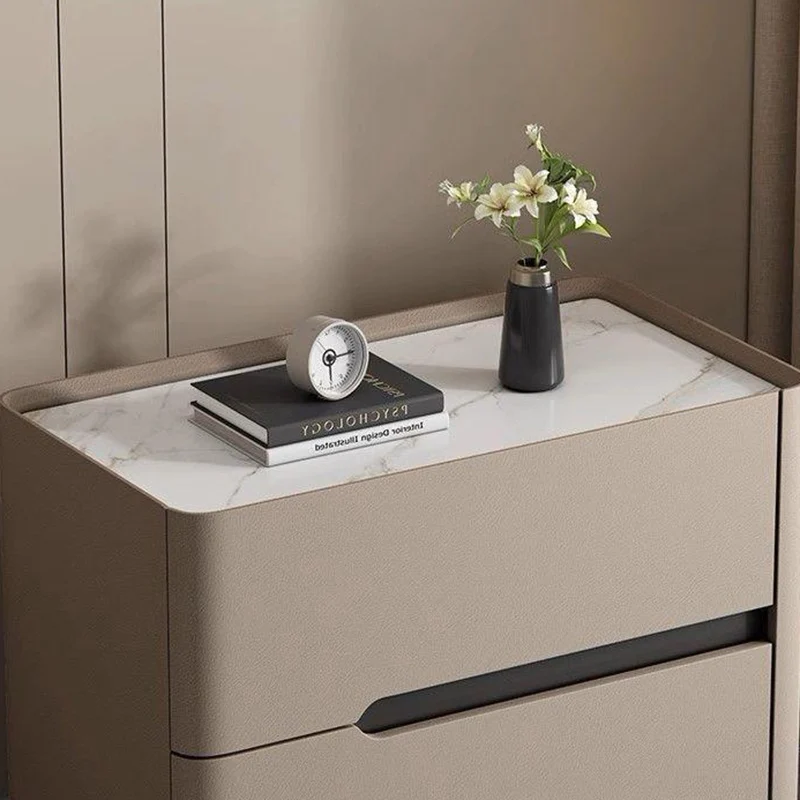 Modern Minimalist Cream Rectangle Square Rubberwood Rock Slab Faux Leather Nightstand 2-Drawer For Bedroom