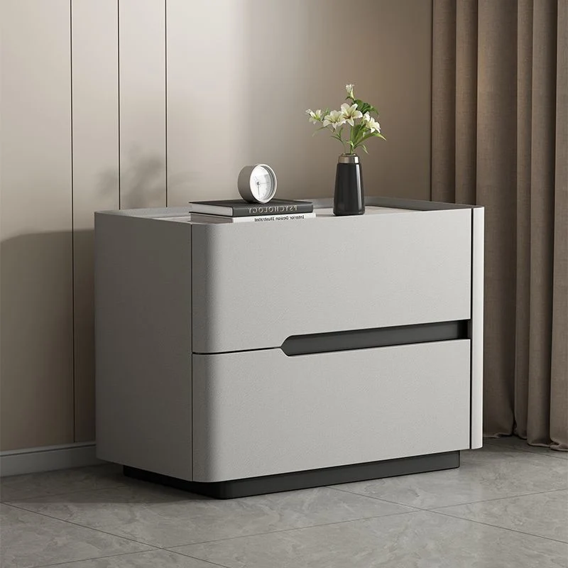 Modern Minimalist Cream Rectangle Square Rubberwood Rock Slab Faux Leather Nightstand 2-Drawer For Bedroom