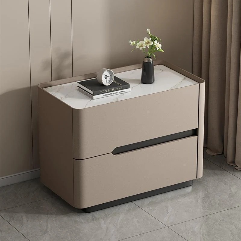 Modern Minimalist Cream Rectangle Square Rubberwood Rock Slab Faux Leather Nightstand 2-Drawer For Bedroom