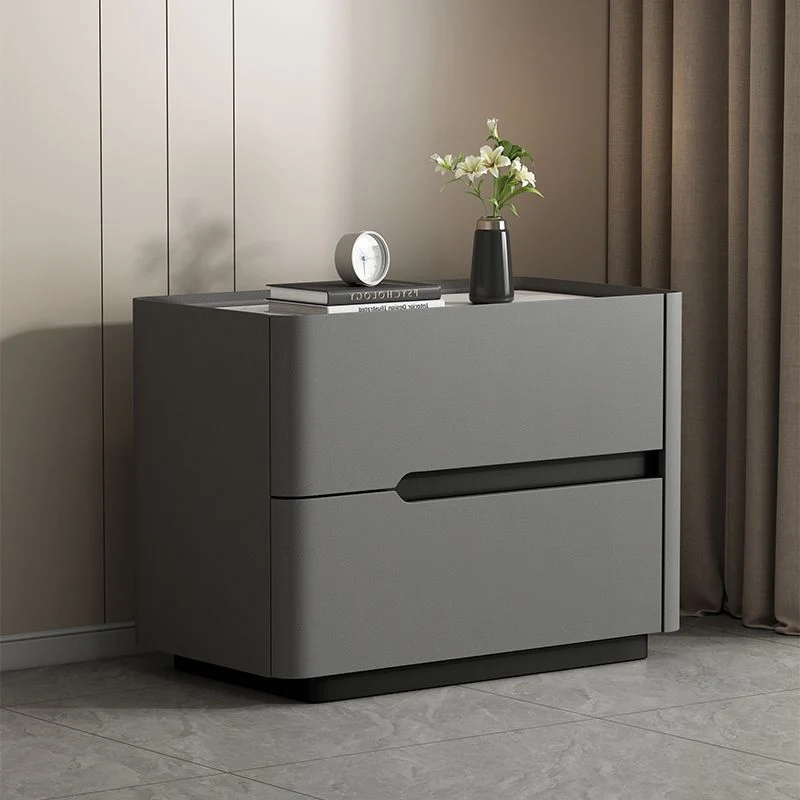 Modern Minimalist Cream Rectangle Square Rubberwood Rock Slab Faux Leather Nightstand 2-Drawer For Bedroom