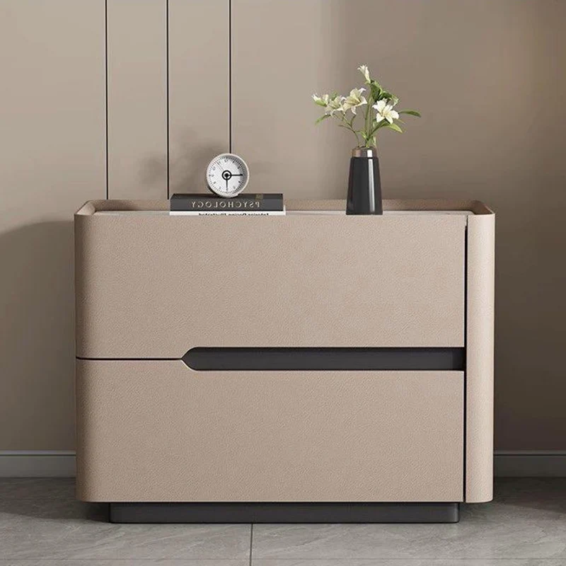 Modern Minimalist Cream Rectangle Square Rubberwood Rock Slab Faux Leather Nightstand 2-Drawer For Bedroom