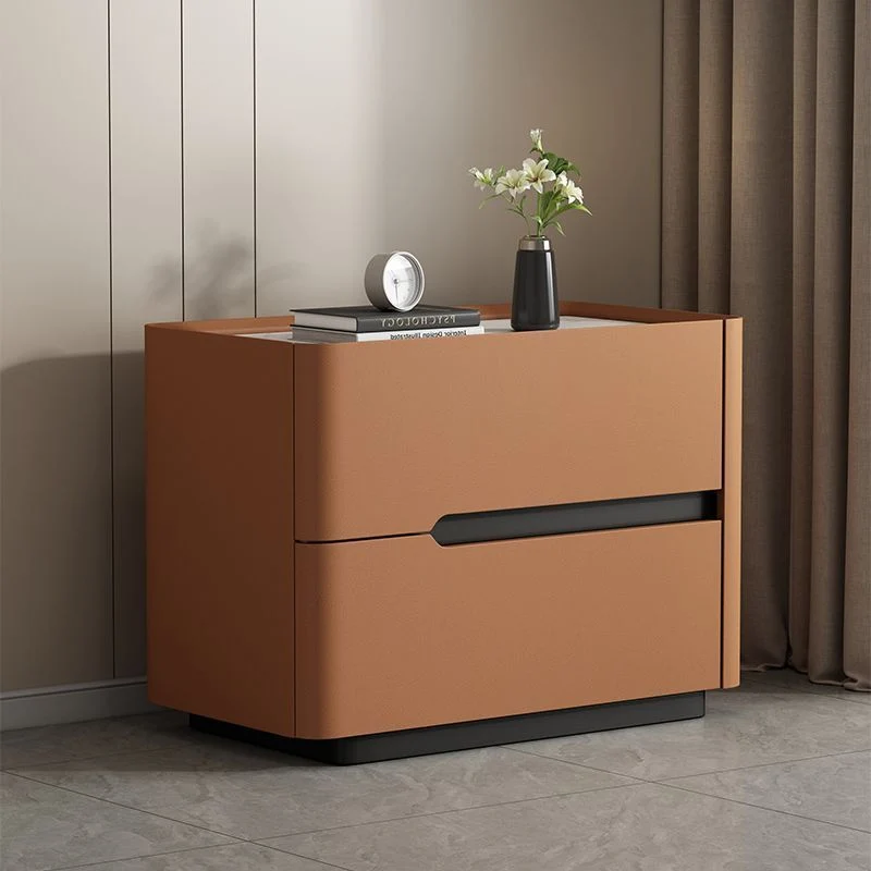 Modern Minimalist Cream Rectangle Square Rubberwood Rock Slab Faux Leather Nightstand 2-Drawer For Bedroom