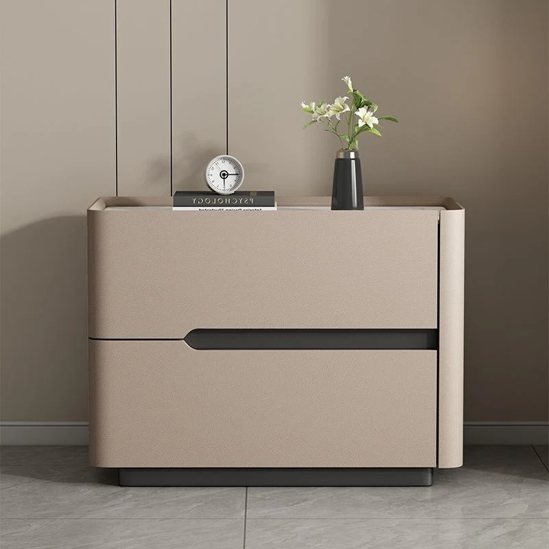 Modern Minimalist Cream Rectangle Square Rubberwood Rock Slab Faux Leather Nightstand 2-Drawer For Bedroom