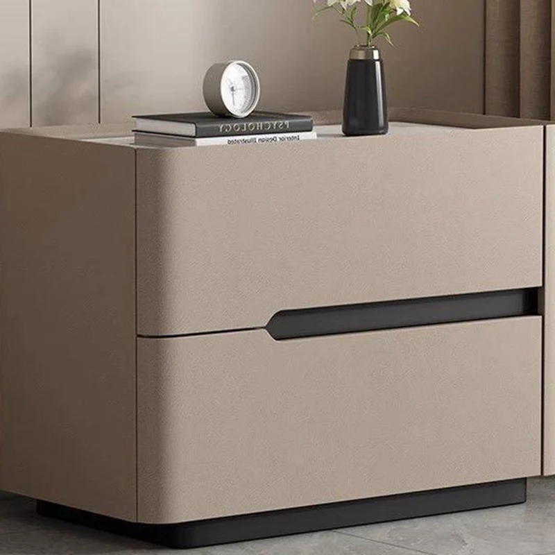 Modern Minimalist Cream Rectangle Square Rubberwood Rock Slab Faux Leather Nightstand 2-Drawer For Bedroom