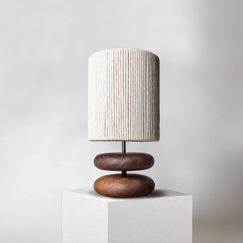 Traditional Japanese Cylinder Iron Wood Fabric 1-Light Table Lamp For Living Room