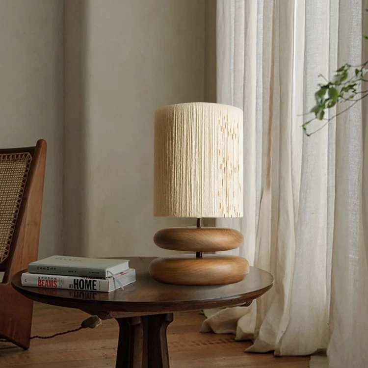 Traditional Japanese Cylinder Iron Wood Fabric 1-Light Table Lamp For Living Room