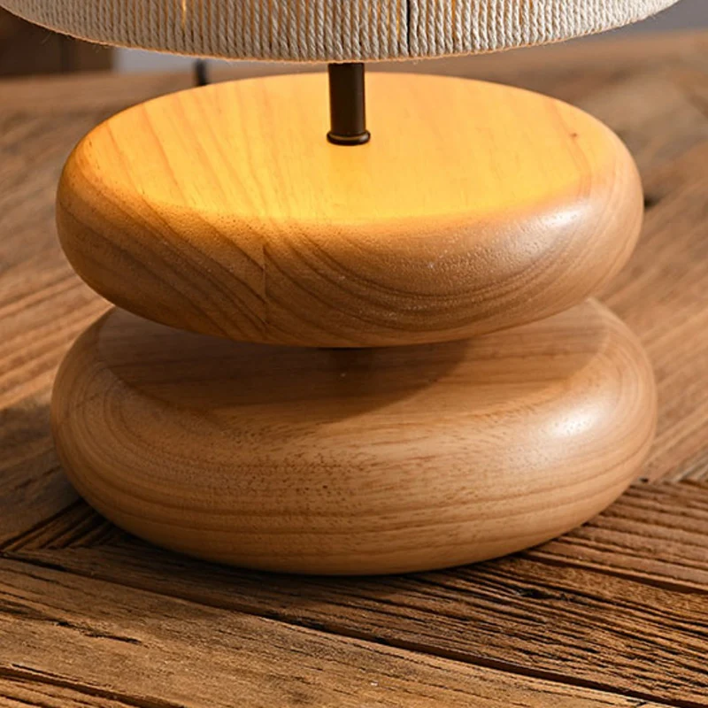 Traditional Japanese Cylinder Iron Wood Fabric 1-Light Table Lamp For Living Room