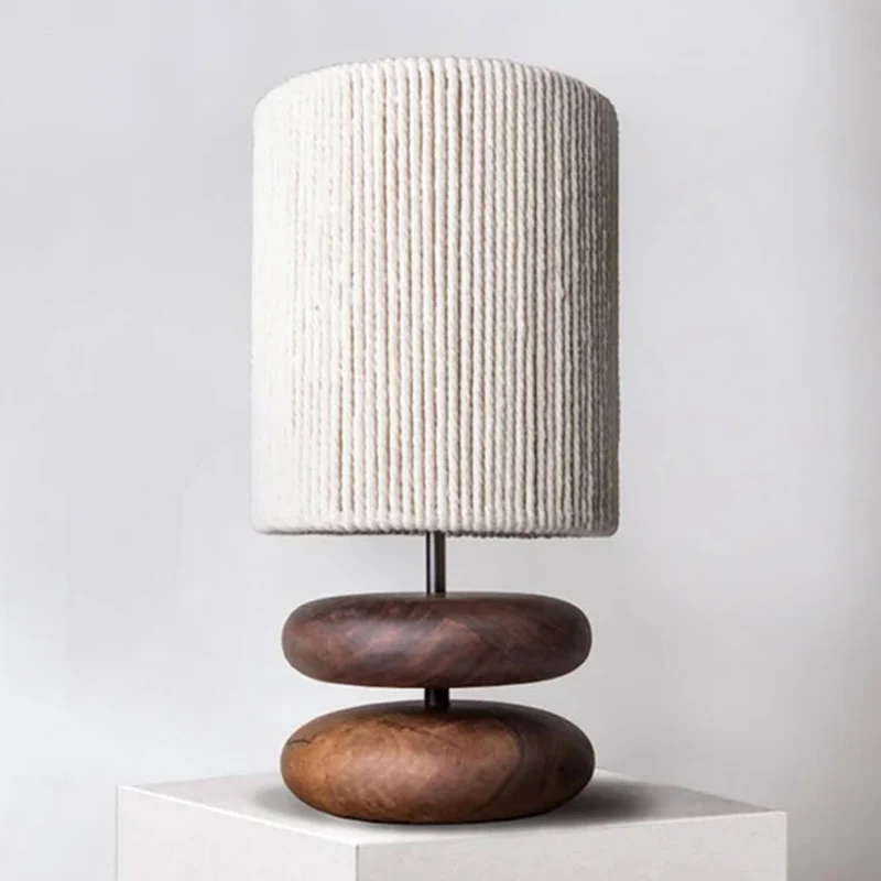 Traditional Japanese Cylinder Iron Wood Fabric 1-Light Table Lamp For Living Room