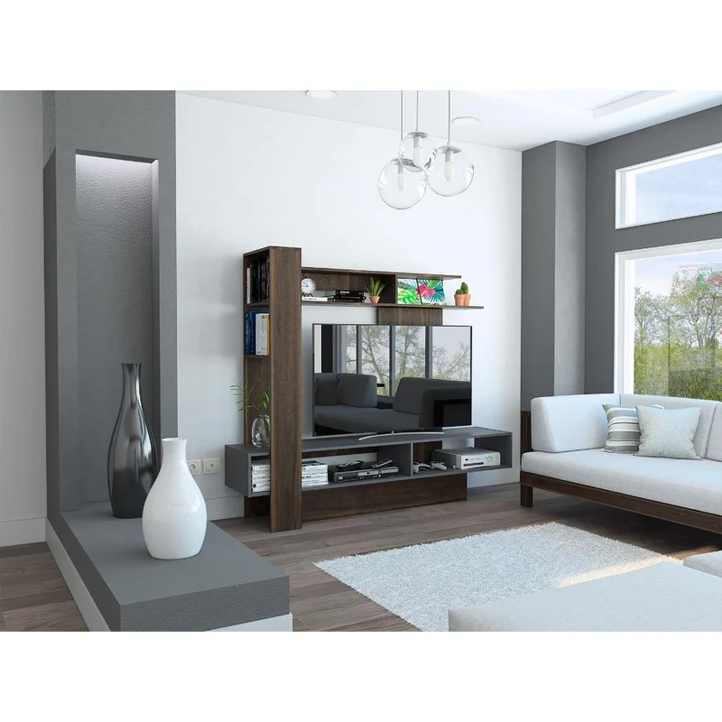 Mesa para TV Vegas, Caoba y Plata Oscuro, con Espacio para Televisor de hasta 55 Pulgadas