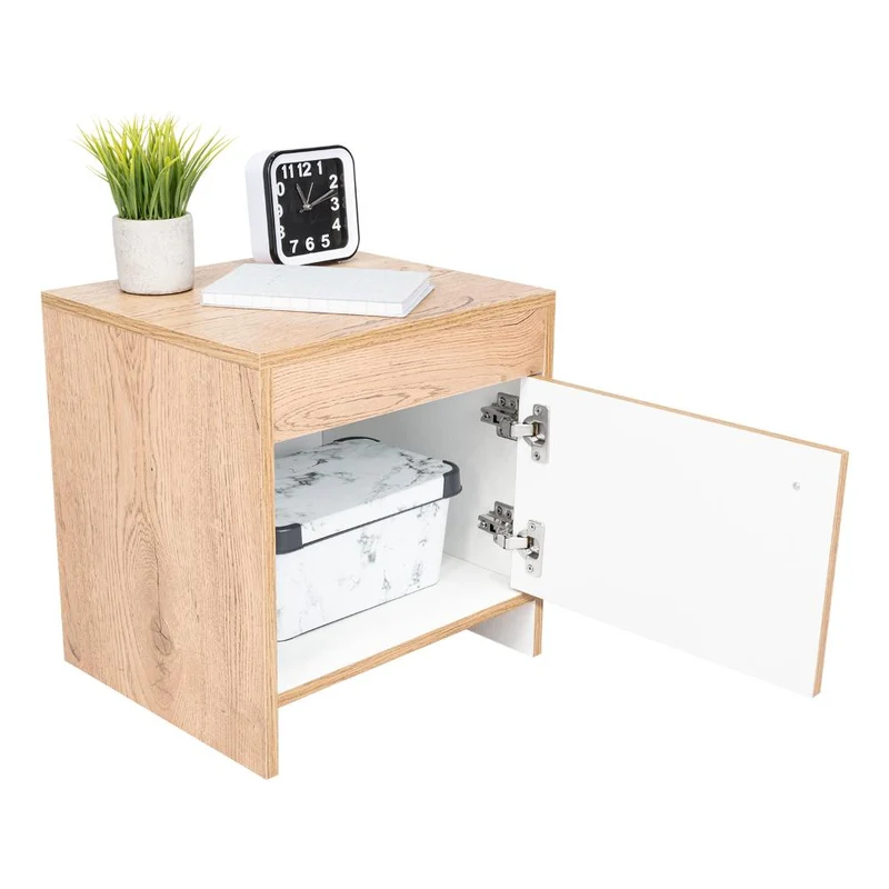 Mesa de Noche Tutto, Macadamia y Blanco, con Cajón para Guardar Objetos Ideal para Espacios Reducidos