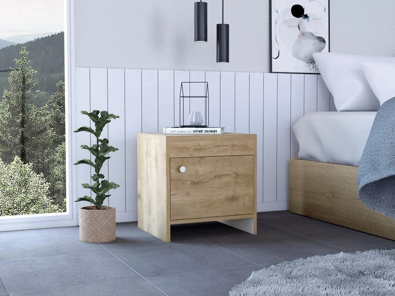 Mesa de Noche Tutto, Macadamia y Blanco, con Cajón para Guardar Objetos Ideal para Espacios Reducidos